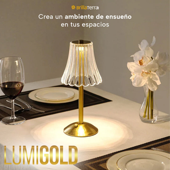 ÚLTIMAS 12 UNIDADES - LumiGold – Lámpara de mesa de cristal dorado con luz ajustable + 3 REGALOS