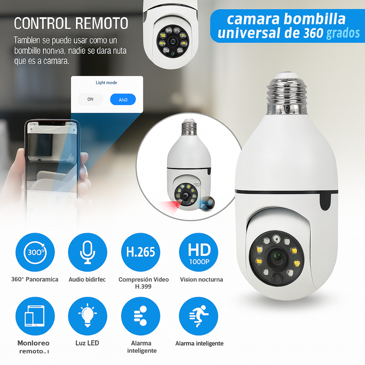 ÚLTIMAS 12 UNIDADES - FOCO CAMARA DE SEGURIDAD 360° FULL HD VISION NOCTURNA + 3 REGALOS