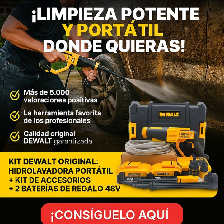 ÚLTIMAS 12 UNIDADES - KIT DEWALT ORIGINAL: HIDROLAVADORA PORTATIL + KIT ACCESORIOS + 2 BATERIAS DE REGALLO 48V - PROMOCION CIERRE DE LA TIENDA + 3 RAGALOS