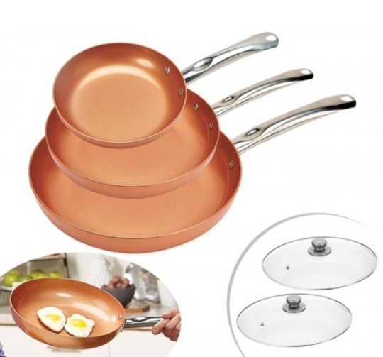 ÚLTIMAS 12 UNIDADES - SET 3 SARTENES ANTIADHERENTES DE COBRE + 2 TAPAS DE CRISTAL 🎁 +3 REGALOS