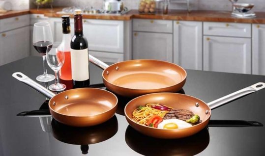 ÚLTIMAS 12 UNIDADES - SET 3 SARTENES ANTIADHERENTES DE COBRE + 2 TAPAS DE CRISTAL 🎁 +3 REGALOS