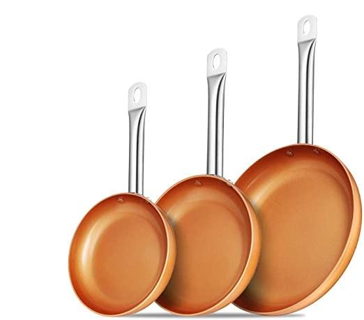 ÚLTIMAS 12 UNIDADES - SET 3 SARTENES ANTIADHERENTES DE COBRE + 2 TAPAS DE CRISTAL 🎁 +3 REGALOS